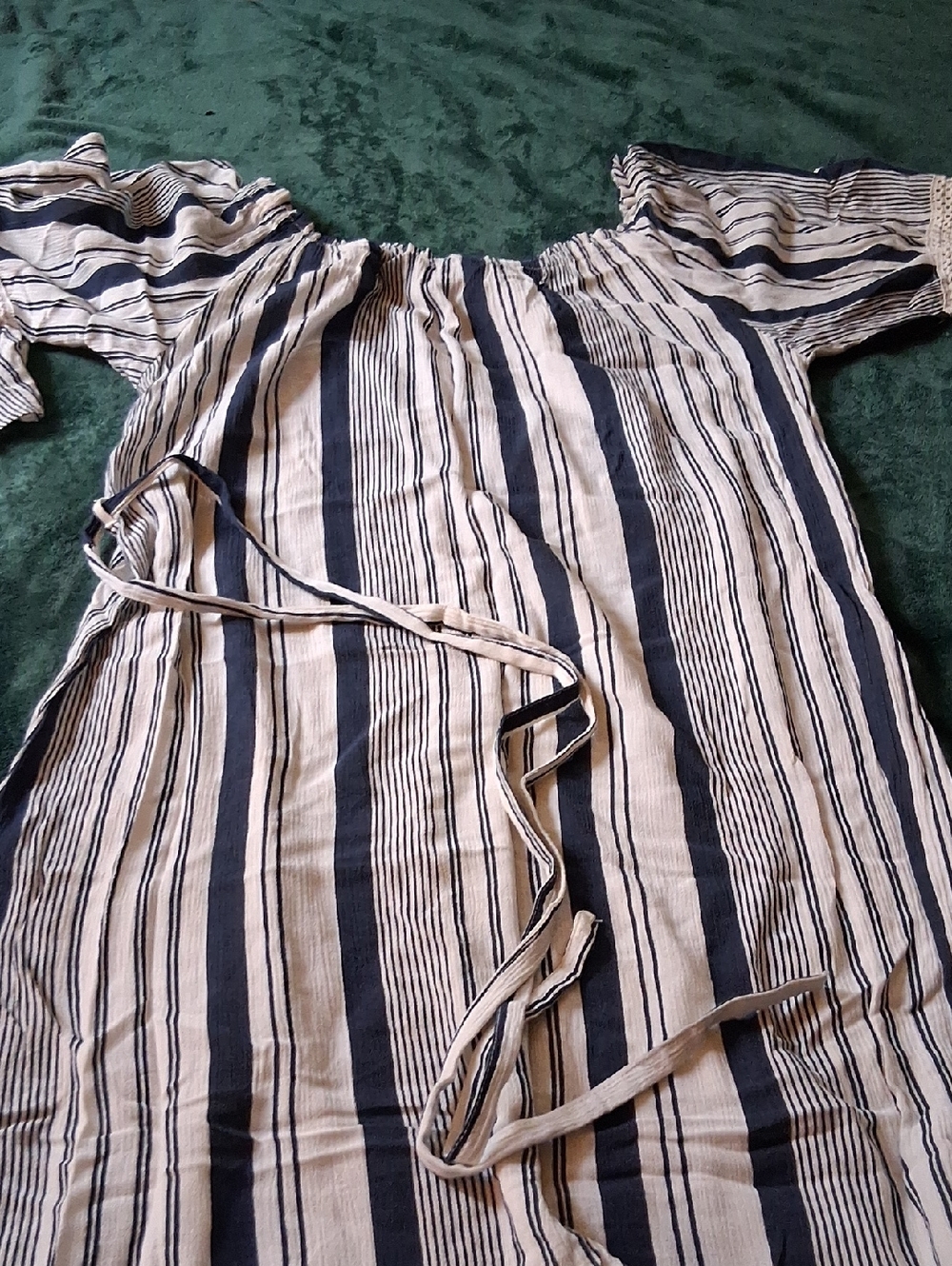 Striped Off-Shoulder Tunic Dress in Navy and Cream